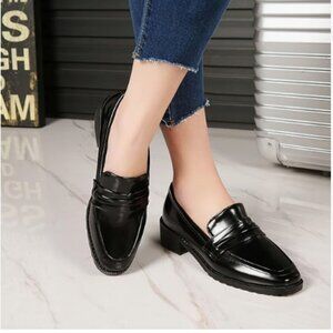 FOWT Black Dressy Comfortable Low Heels Square Toe Slip-On Wide Width Loafers
